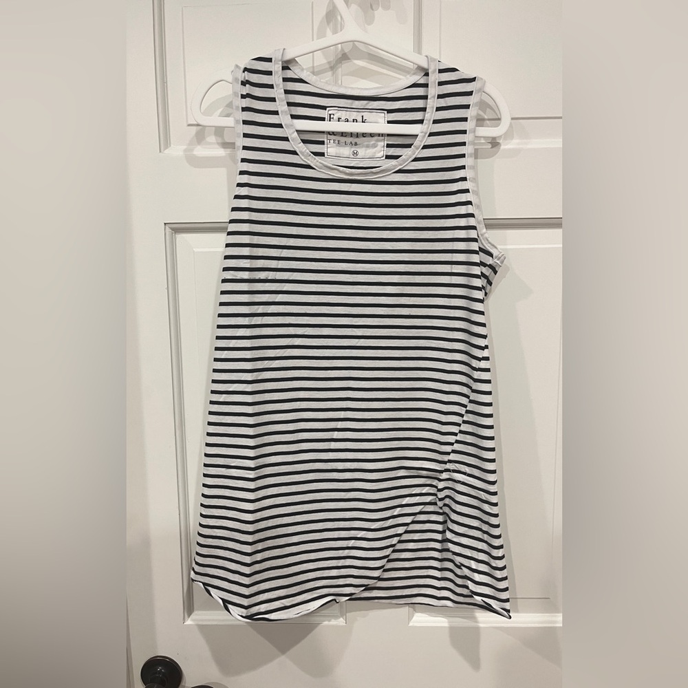 Frank & Eileen Tee Lab Sleeveless Asymmetric Hem Tank Navy White Stripe Med